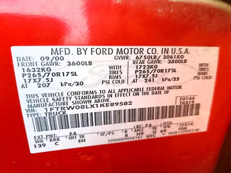 Auction sale of the 2001 Ford F150, vin: 1FTRW08LX1KE89582, lot number: 62136386