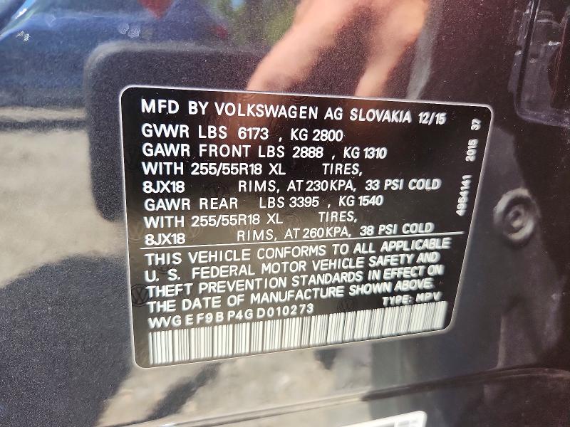 Продаж на аукціоні авто 2016 Volkswagen Touareg, vin: WVGEF9BP4GD010273, номер лоту: 62991806