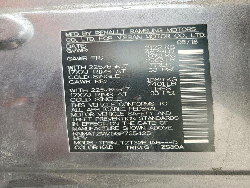 60713756 :رقم المزاد ، KNMAT2MV5GP735426 vin ، 2016 Nissan Rogue مزاد بيع