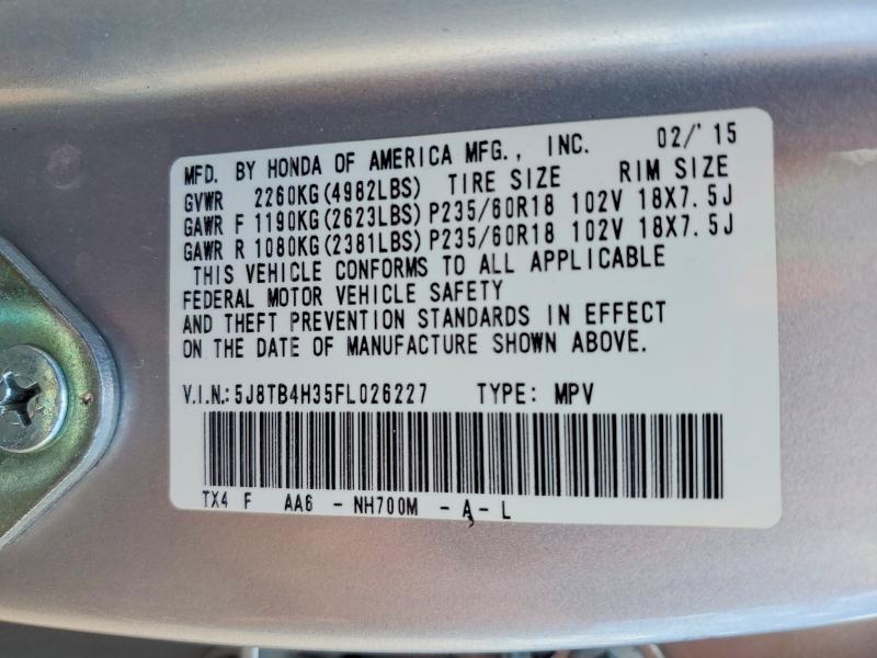 60134876 :رقم المزاد ، 5J8TB4H35FL026227 vin ، 2015 Acura Rdx مزاد بيع