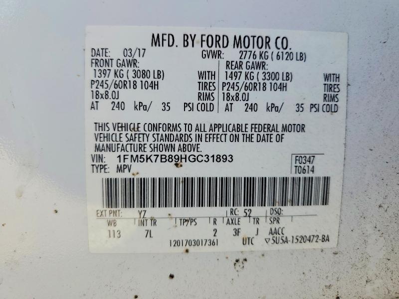 63044896 :رقم المزاد ، 1FM5K7B89HGC31893 vin ، 2017 Ford Explorer مزاد بيع