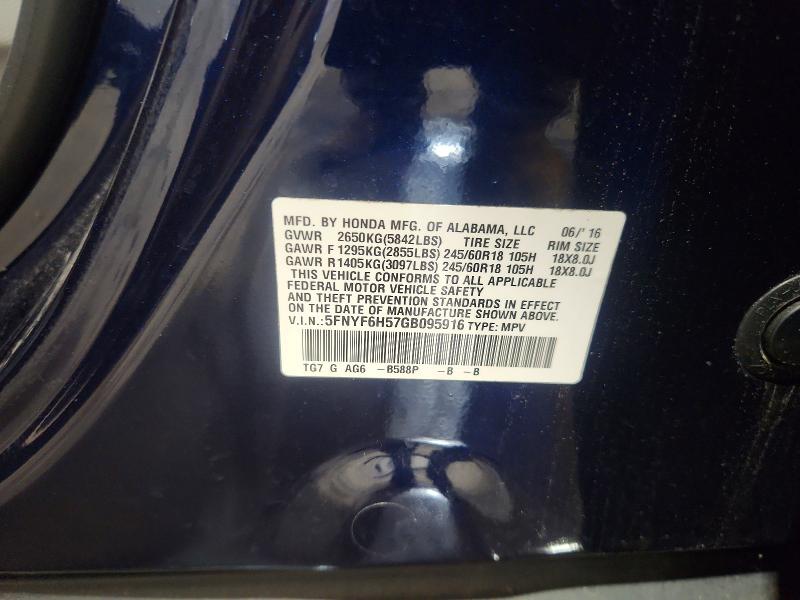 2016 Honda Pilot მანქანა იყიდება აუქციონზე, vin: 5FNYF6H57GB095916, აუქციონის ნომერი: 61089616