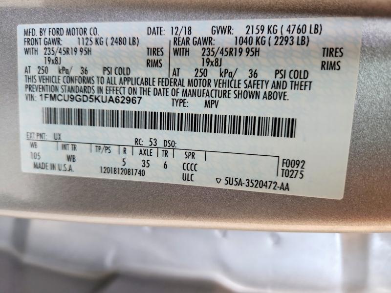 Продаж на аукціоні авто 2019 Ford Escape, vin: 1FMCU9GD5KUA62967, номер лоту: 62995106