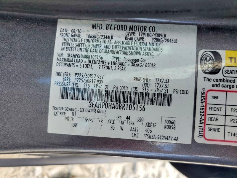 2011 Ford Fusion მანქანა იყიდება აუქციონზე, vin: 3FAHP0HA0BR105156, აუქციონის ნომერი: 60314036