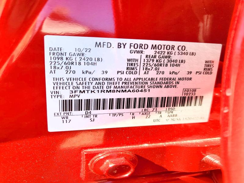 Продаж на аукціоні авто 2022 Ford Mustang Mach-e, vin: 3FMTK1RM8NMA60451, номер лоту: 60628396