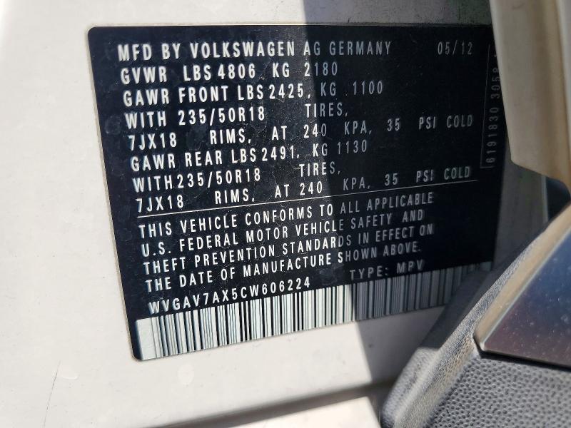 Продаж на аукціоні авто 2012 Volkswagen Tiguan, vin: WVGAV7AX5CW606224, номер лоту: 60262556