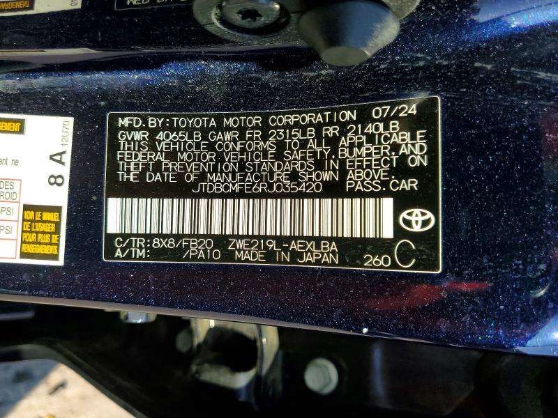 2024 Toyota Corolla Hybrid მანქანა იყიდება აუქციონზე, vin: JTDBCMFE6RJ035420, აუქციონის ნომერი: 62018836