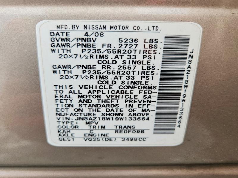 Продаж на аукціоні авто 2009 Nissan Murano, vin: JN8AZ18W19W133664, номер лоту: 62164396