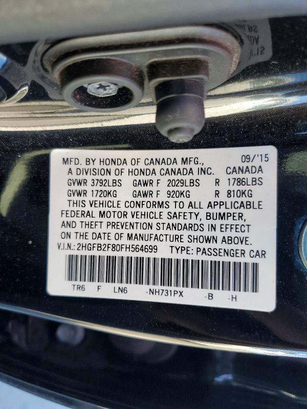 61639156 :رقم المزاد ، 2HGFB2F80FH564699 vin ، 2015 Honda Civic مزاد بيع