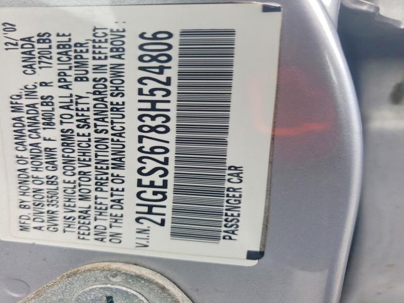 Продаж на аукціоні авто 2003 Honda Civic, vin: 2HGES26783H524806, номер лоту: 62926286