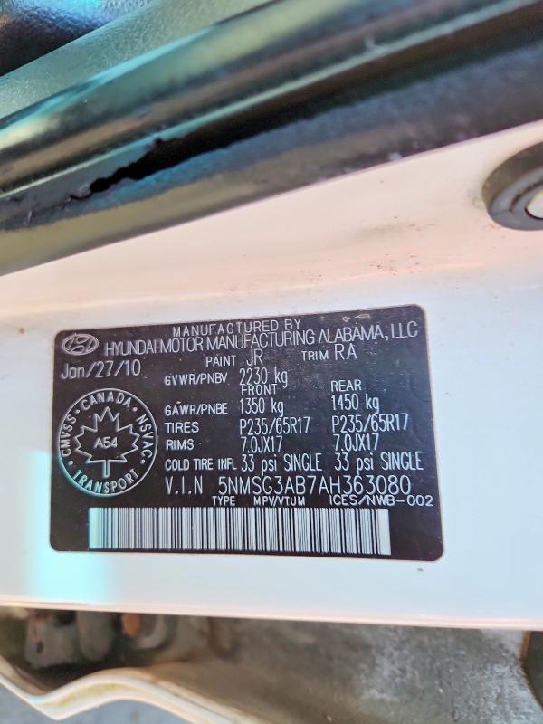 60487566 :رقم المزاد ، 5NMSG3AB7AH363080 vin ، 2010 Hyundai Santa Fe مزاد بيع