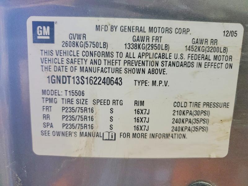 59375756 :رقم المزاد ، 1GNDT13S162240643 vin ، 2006 Chevrolet Trailblazer مزاد بيع