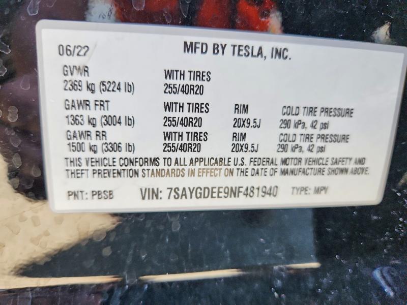 2022 Tesla Model Y მანქანა იყიდება აუქციონზე, vin: 7SAYGDEE9NF481940, აუქციონის ნომერი: 60135586