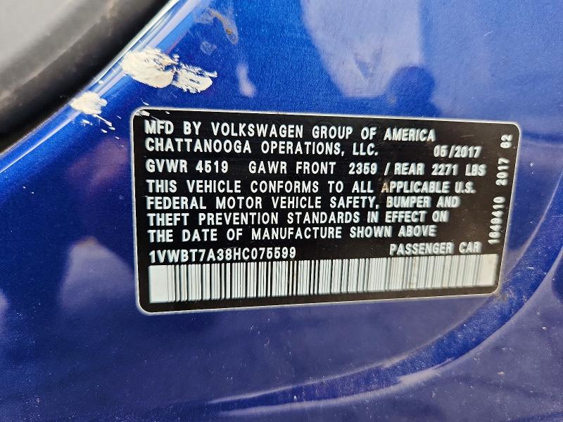 Aukcja sprzedaży 2017 Volkswagen Passat, vin: 1VWBT7A38HC075599, numer aukcji: 61710946