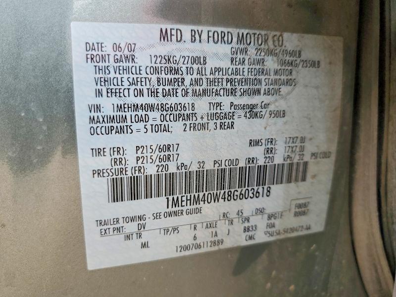 2008 Mercury Sable მანქანა იყიდება აუქციონზე, vin: 1MEHM40W48G603618, აუქციონის ნომერი: 60896556