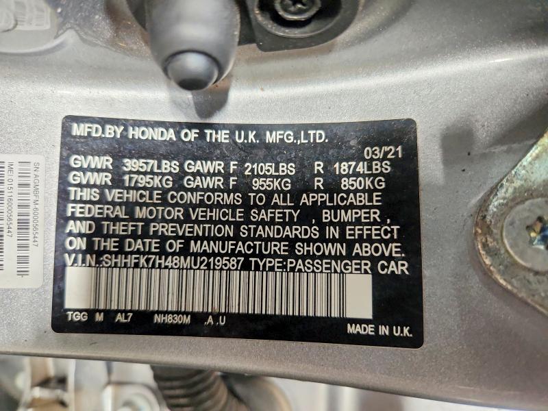 Продаж на аукціоні авто 2021 Honda Civic, vin: SHHFK7H48MU219587, номер лоту: 61062496