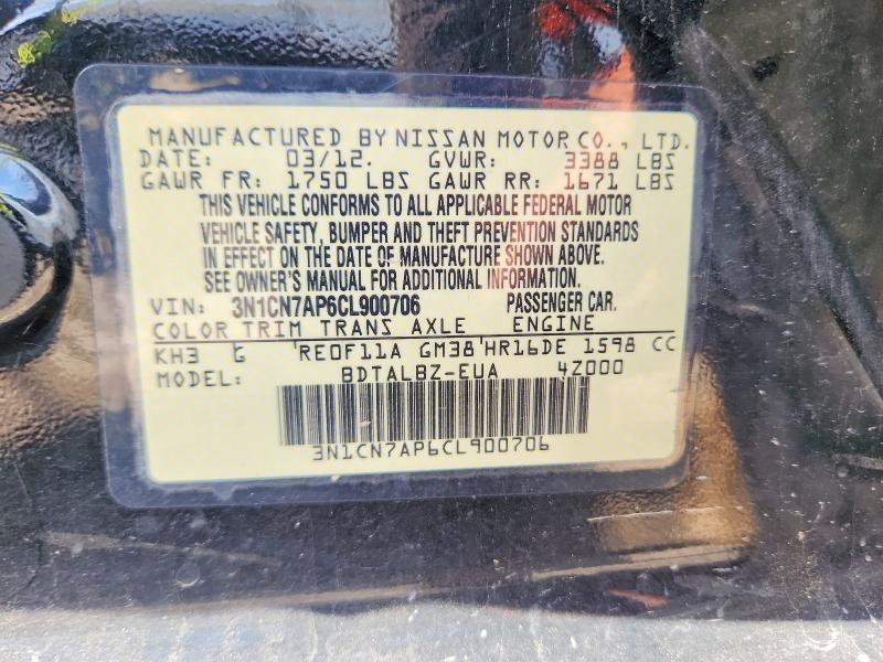 Auction sale of the 2012 Nissan Versa, vin: 3N1CN7AP6CL900706, lot number: 59080796