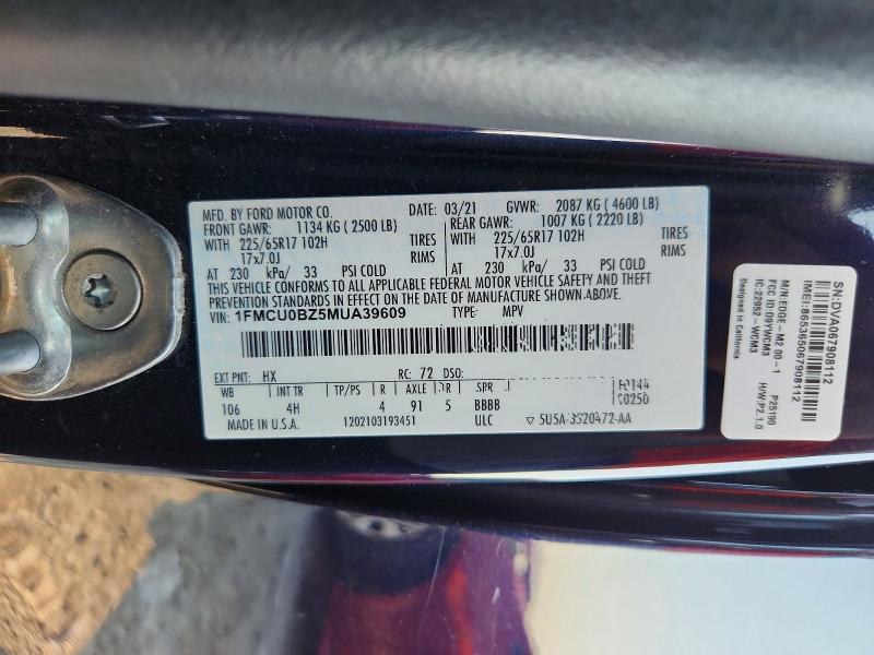 2021 Ford Escape მანქანა იყიდება აუქციონზე, vin: 1FMCU0BZ5MUA39609, აუქციონის ნომერი: 62804246