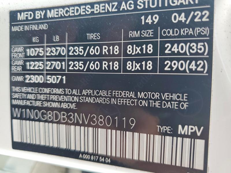 60200186 :رقم المزاد ، W1N0G8DB3NV380119 vin ، 2022 Mercedes-benz Glc مزاد بيع