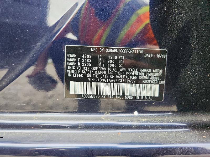 2019 Subaru Impreza მანქანა იყიდება აუქციონზე, vin: 4S3GTAA66K3712657, აუქციონის ნომერი: 59236826