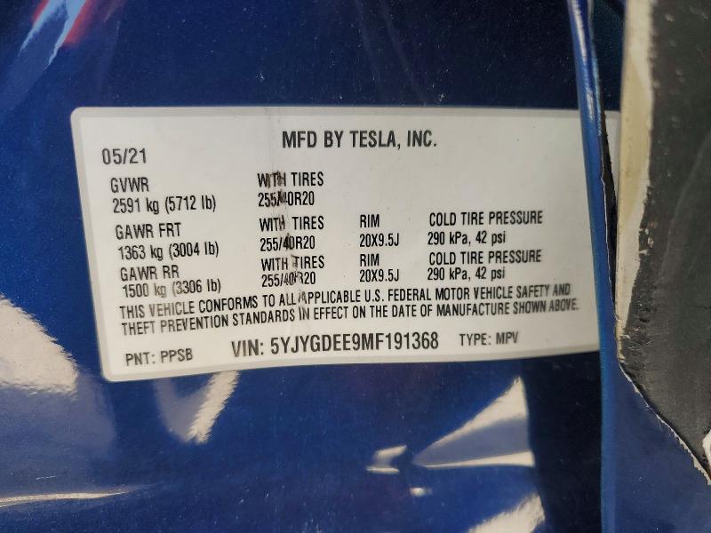 2021 Tesla Model Y მანქანა იყიდება აუქციონზე, vin: 5YJYGDEE9MF191368, აუქციონის ნომერი: 60940206