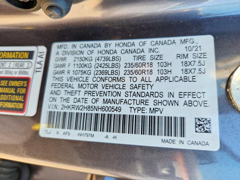 2022 Honda Cr-v მანქანა იყიდება აუქციონზე, vin: 2HKRW2H85NH600549, აუქციონის ნომერი: 59622076