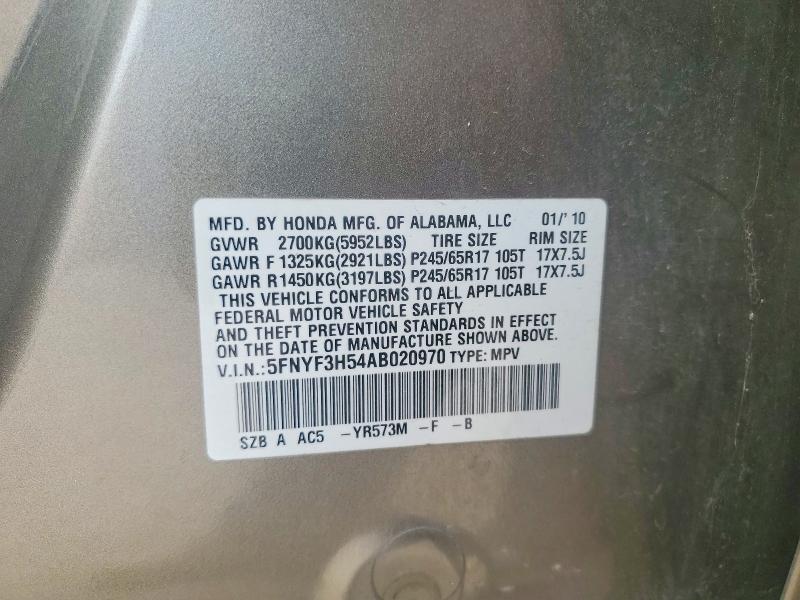 Aukcja sprzedaży 2010 Honda Pilot, vin: 5FNYF3H54AB020970, numer aukcji: 60790826