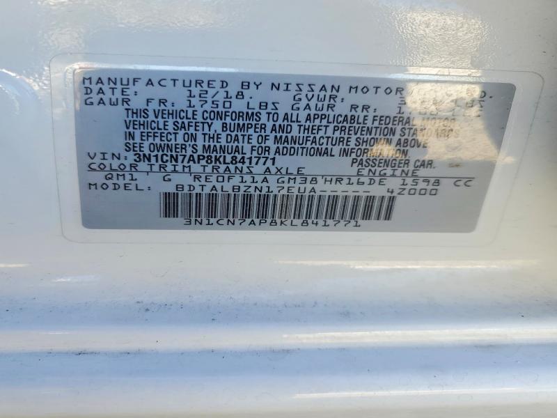 2019 Nissan Versa მანქანა იყიდება აუქციონზე, vin: 3N1CN7AP8KL841771, აუქციონის ნომერი: 60515116