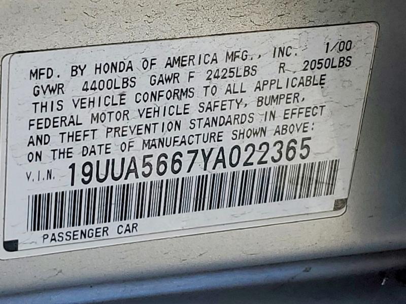 2000 Acura 3.2tl მანქანა იყიდება აუქციონზე, vin: 19UUA5667YA022365, აუქციონის ნომერი: 62974106