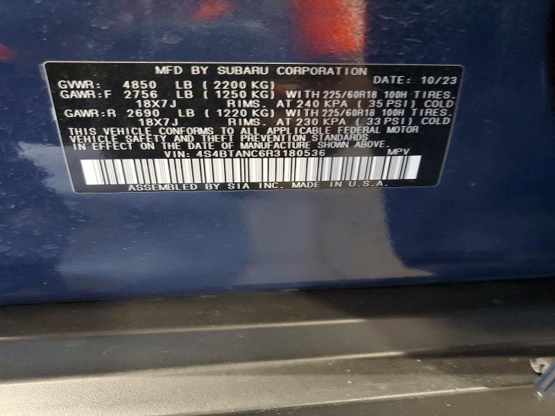 Aukcja sprzedaży 2024 Subaru Outback, vin: 4S4BTANC6R3180536, numer aukcji: 62209216