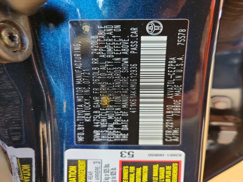 Auction sale of the 2021 Toyota Camry, vin: 4T1K61AK4MU612936, lot number: 85984695