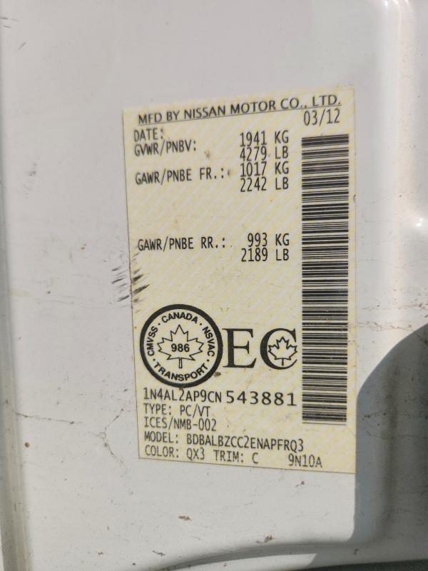Aukcja sprzedaży 2012 Nissan Altima, vin: 1N4AL2AP9CN543881, numer aukcji: 62132246
