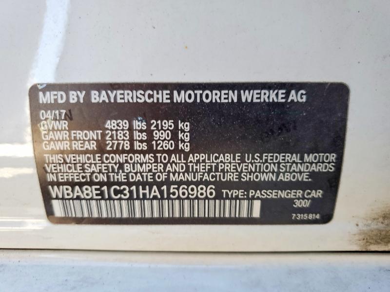 62935586 :رقم المزاد ، WBA8E1C31HA156986 vin ، 2017 Bmw 330e مزاد بيع