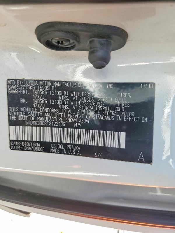 Aukcja sprzedaży 2014 Toyota Sienna, vin: 5TDYK3DC8ES422136, numer aukcji: 61052816