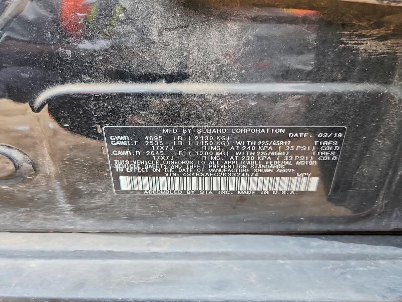 2019 Subaru Outback მანქანა იყიდება აუქციონზე, vin: 4S4BSAFC2K3324574, აუქციონის ნომერი: 61175816