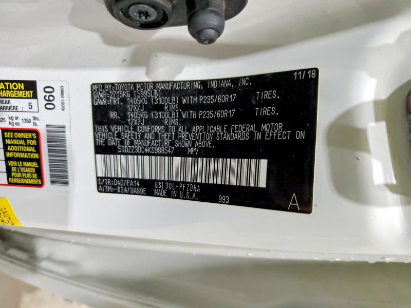 2019 Toyota Sienna მანქანა იყიდება აუქციონზე, vin: 5TDZZ3DC4KS988547, აუქციონის ნომერი: 60049226
