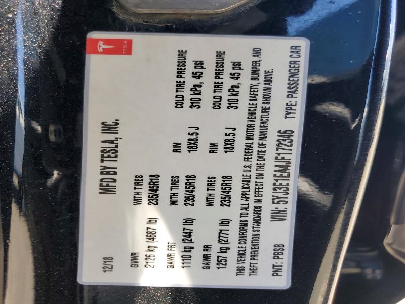 2018 Tesla Model 3 მანქანა იყიდება აუქციონზე, vin: 5YJ3E1EA4JF172346, აუქციონის ნომერი: 60414766