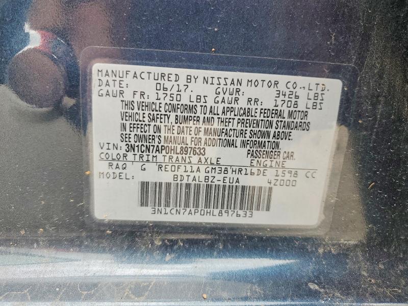 Продажа на аукционе авто 2017 Nissan Versa, vin: 3N1CN7AP0HL897633, номер лота: 60576726