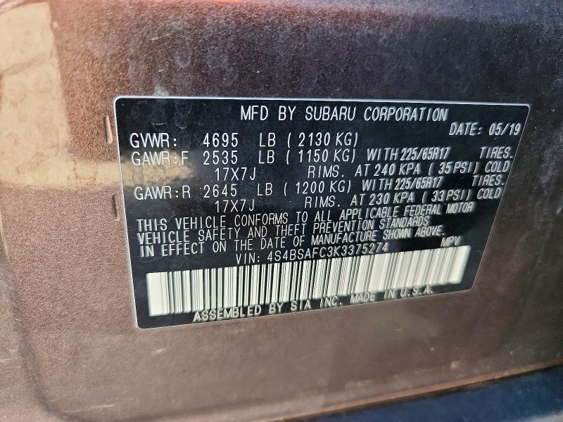 Продажа на аукционе авто 2019 Subaru Outback, vin: 4S4BSAFC3K3375274, номер лота: 62808586