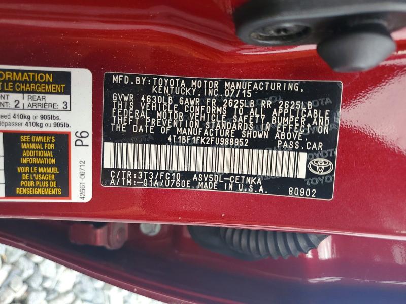 2015 Toyota Camry მანქანა იყიდება აუქციონზე, vin: 4T1BF1FK2FU988952, აუქციონის ნომერი: 60871186