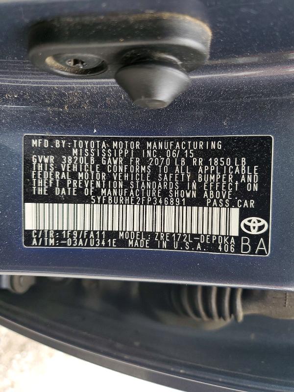 59233086 :رقم المزاد ، 5YFBURHE2FP346891 vin ، 2015 Toyota Corolla مزاد بيع