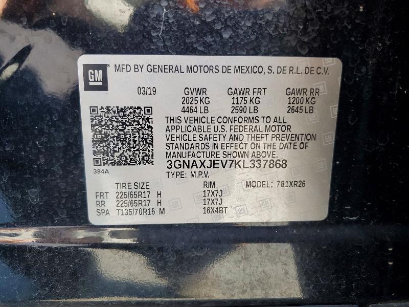 Aukcja sprzedaży 2019 Chevrolet Equinox, vin: 3GNAXJEV7KL337868, numer aukcji: 60148836