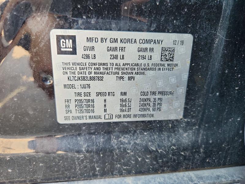 2020 Chevrolet Trax მანქანა იყიდება აუქციონზე, vin: KL7CJKSB2LB087832, აუქციონის ნომერი: 62562856