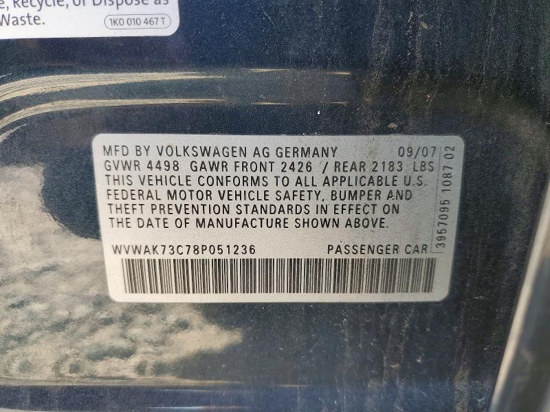 Продаж на аукціоні авто 2008 Volkswagen Passat, vin: WVWAK73C78P051236, номер лоту: 63212556