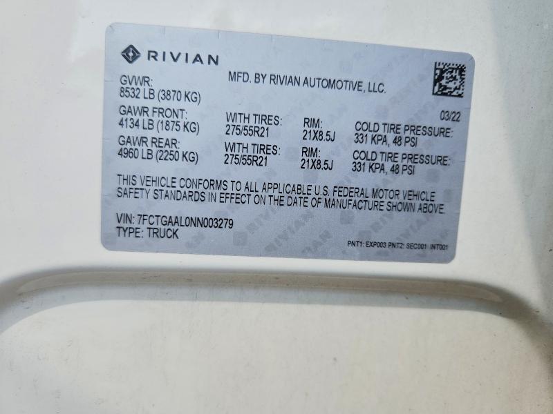 2022 Rivian R1t მანქანა იყიდება აუქციონზე, vin: 7FCTGAAL0NN003279, აუქციონის ნომერი: 62105506