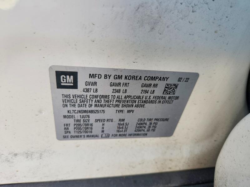 Продаж на аукціоні авто 2022 Chevrolet Trax, vin: KL7CJNSM6NB525175, номер лоту: 62259276