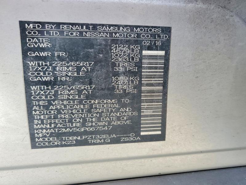 61353276 :رقم المزاد ، KNMAT2MV5GP667547 vin ، 2016 Nissan Rogue مزاد بيع