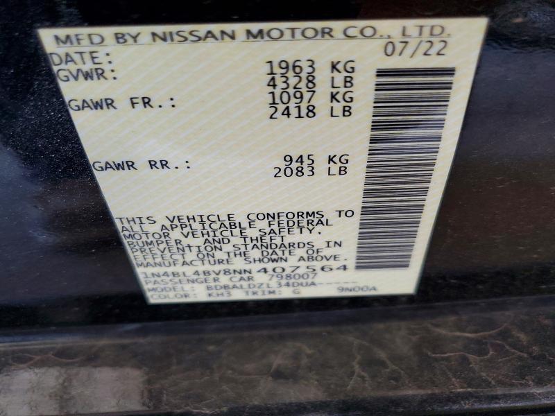 Aukcja sprzedaży 2022 Nissan Altima, vin: 1N4BL4BV8NN407564, numer aukcji: 62885226