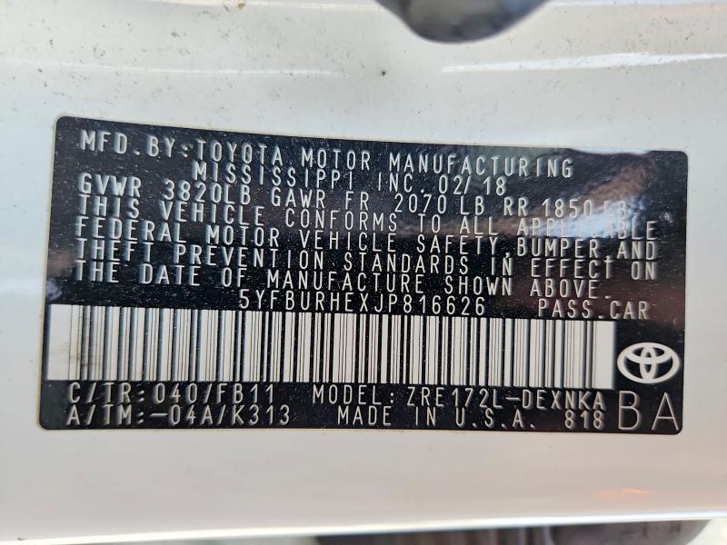2018 Toyota Corolla მანქანა იყიდება აუქციონზე, vin: 5YFBURHEXJP816626, აუქციონის ნომერი: 63377316