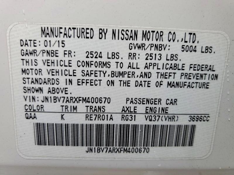 2015 Infiniti Q50 მანქანა იყიდება აუქციონზე, vin: JN1BV7ARXFM400670, აუქციონის ნომერი: 62787896